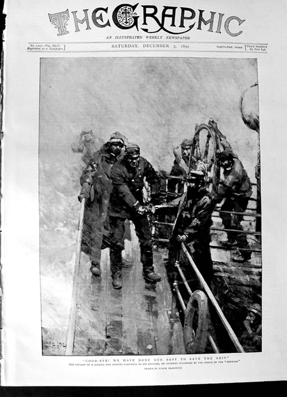 Old Antique Print 1892 Captain Officers Sinking Ship Bohara Brangwyn Art 19th
