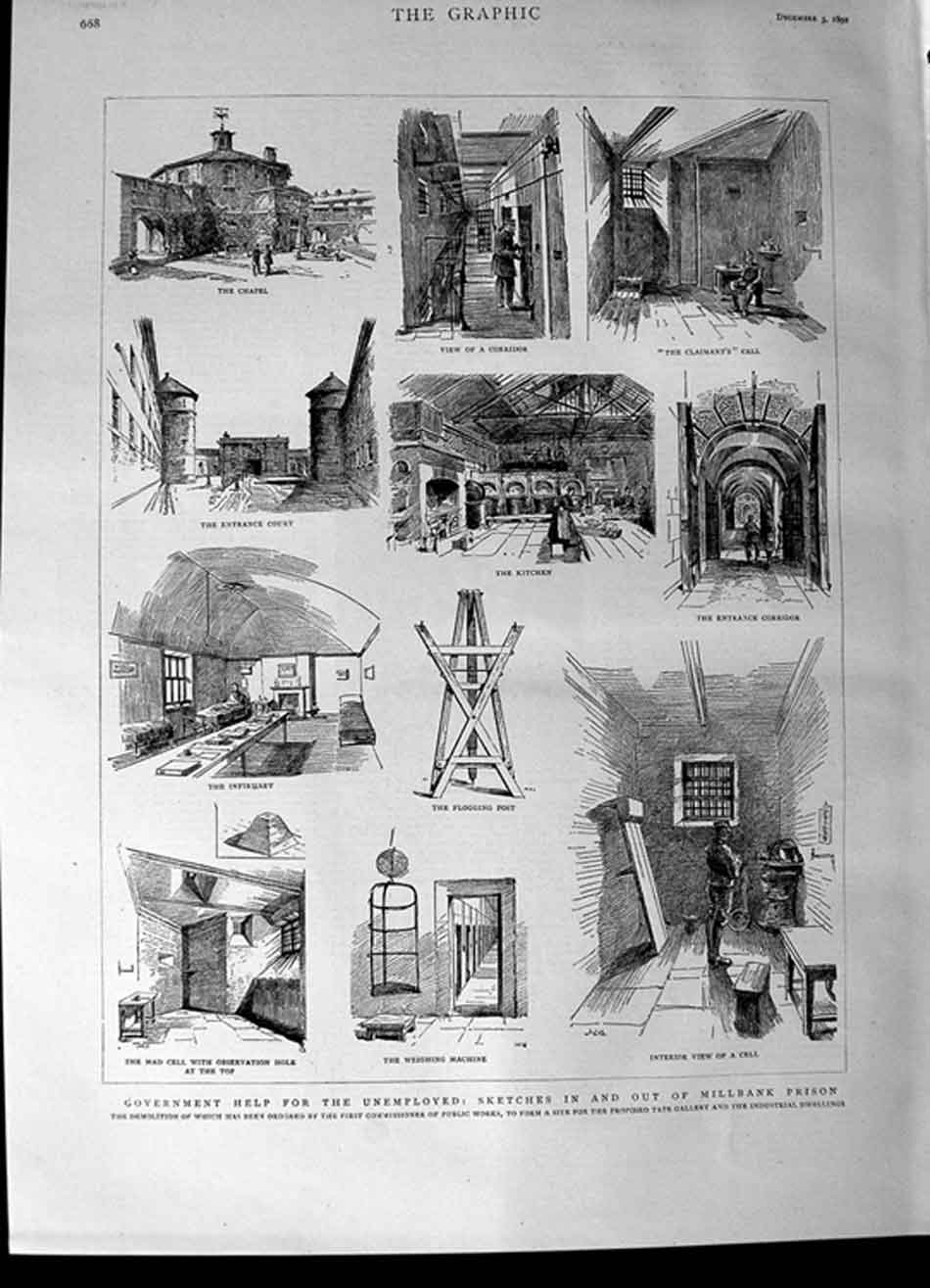 Old Antique Print 1892 Millbank Prisonn Infirmary Kitchen Cell Flogging 19th