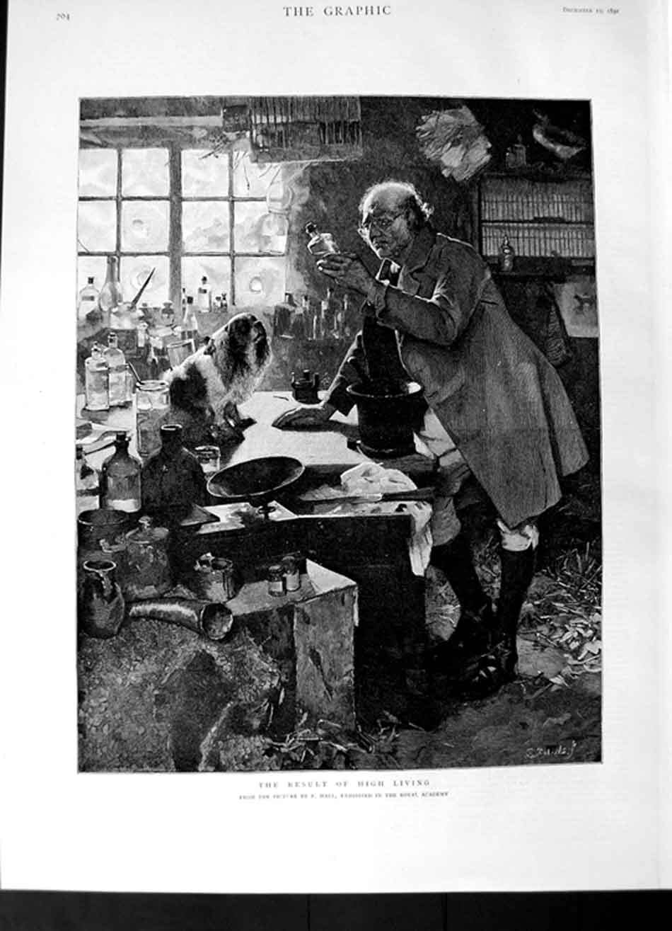 Original Old Antique Print 1892 Hall Fine Art Medicine Man Dog Bottles 19th