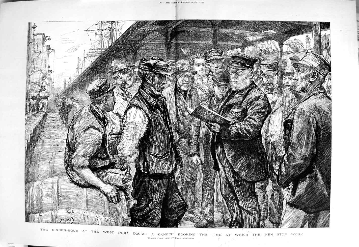 Old Antique Print 1892 Dinner West India Docks Ganger Booking Work Men 19th