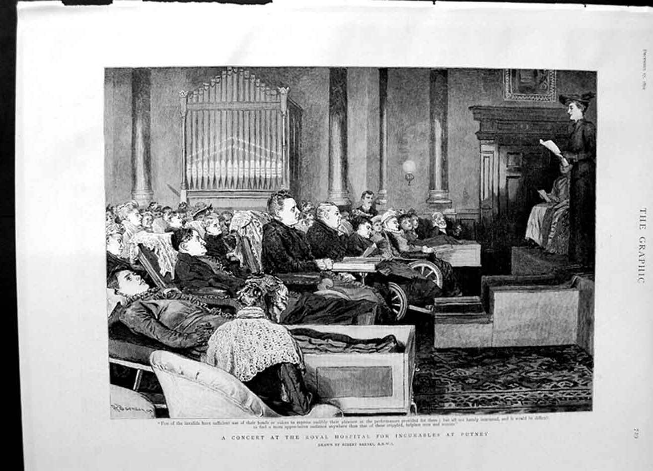 Original Old Antique Print 1892 Concert Royal Hospital Incurables Putney Barnes