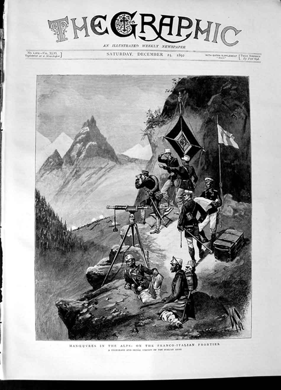 Old Antique Print 1892 Alps Mountains Franco-Italian Army Signal Station 19th