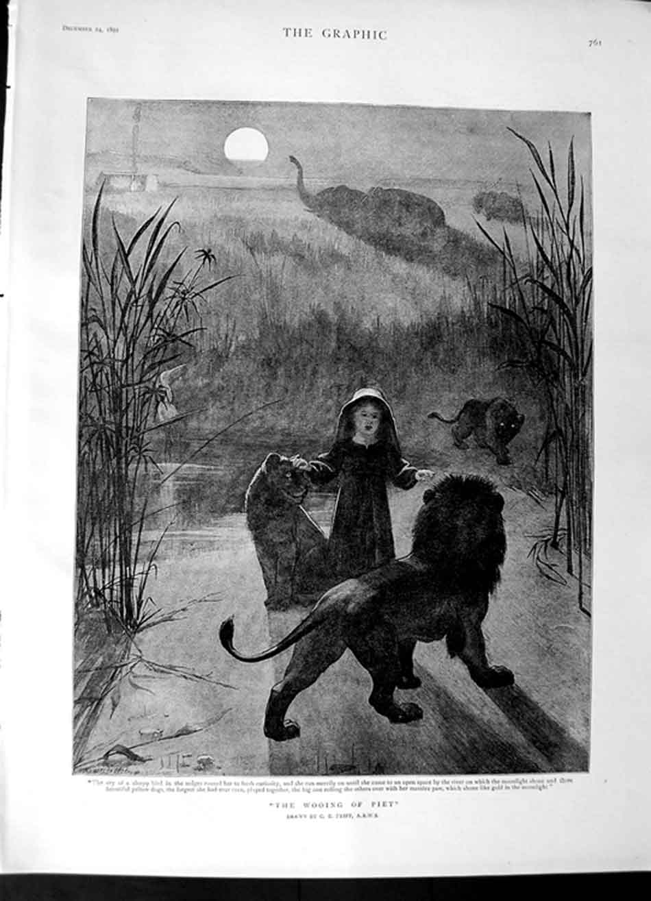 Old Antique Print 1892 Fripp Fine Art Moonlight Little Girl Wild Animals 19th