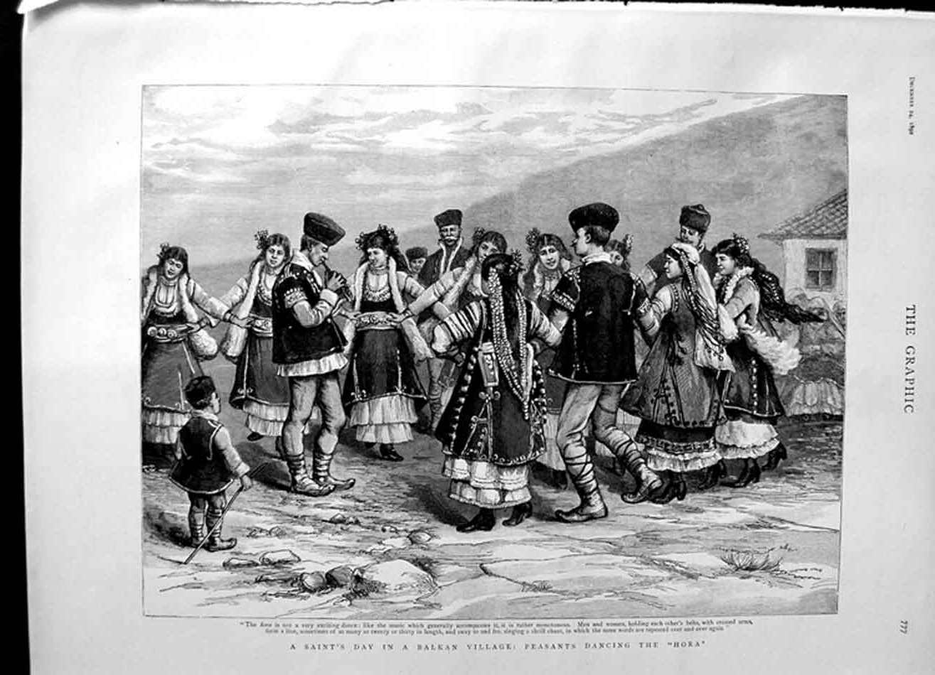 Old Antique Print 1892 Saint'S Day Balkan Village Peasants Dancing Hora 19th