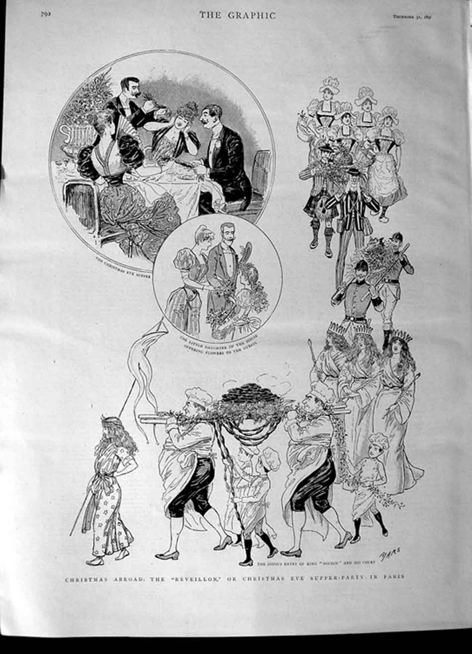 Original Old Antique Print 1892 Christmas Eve Party Paris Reveillon King Boudin