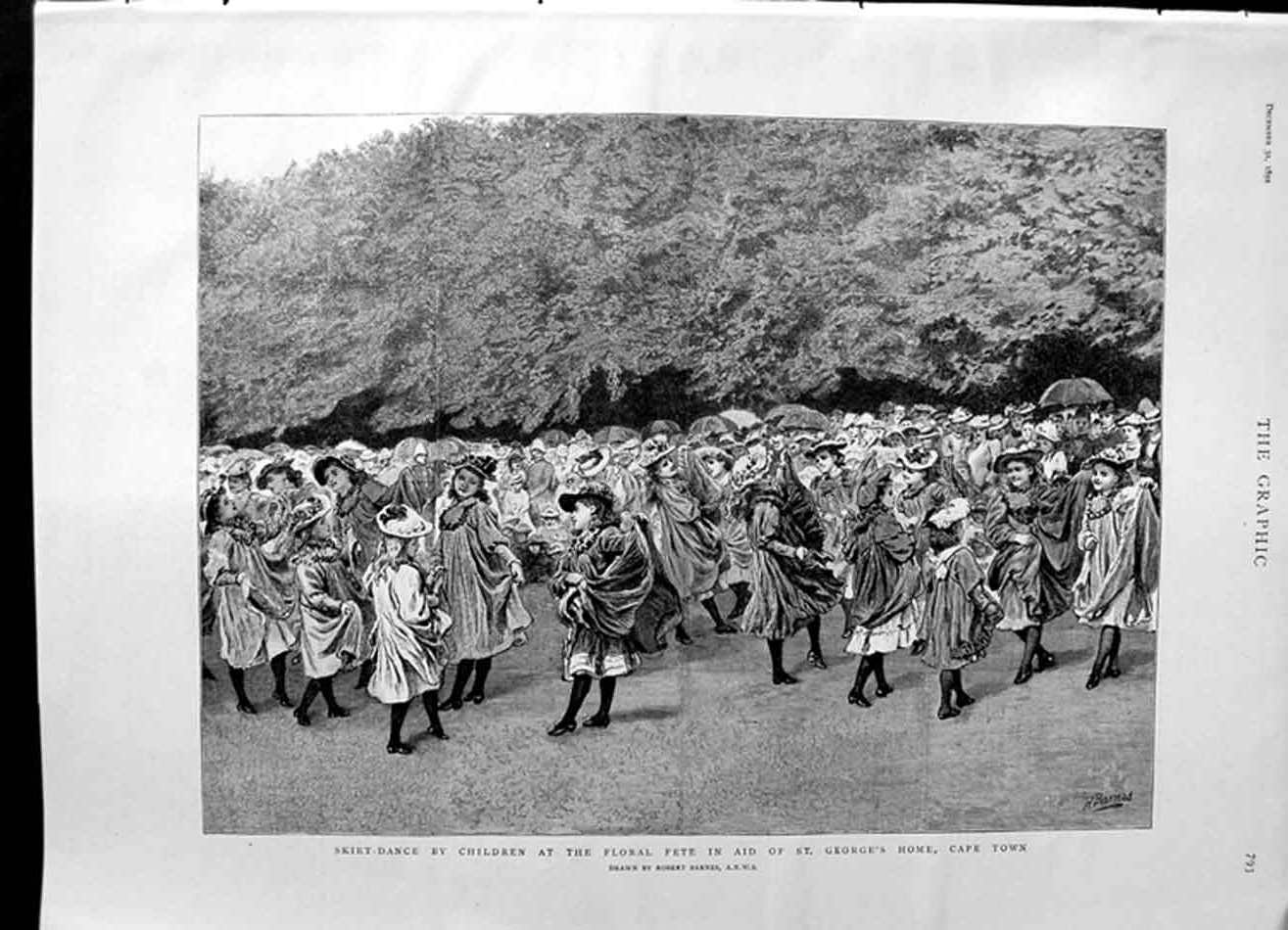 Old Antique Print 1892 Skirt Dance Children Floral Fete Georges Cape Town 19th