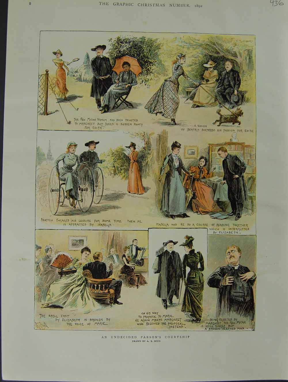 Original Old Antique Print 1892 Parsons Courtship Romance Rev. Nahum Colour