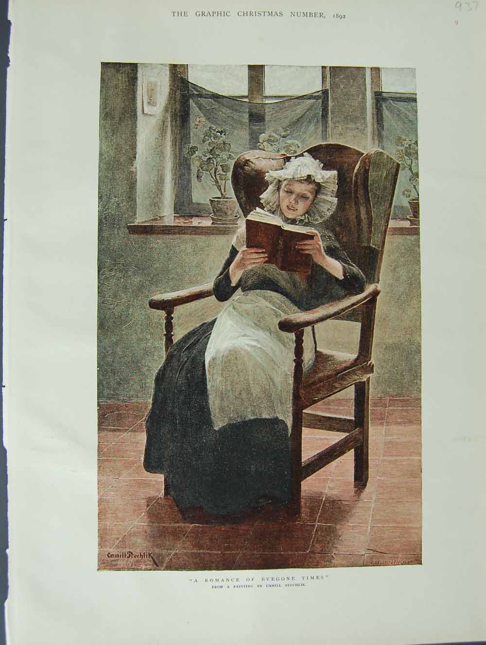 Original Old Antique Print 1892 Colour Lady Sitting In Chair Reading Book 19th