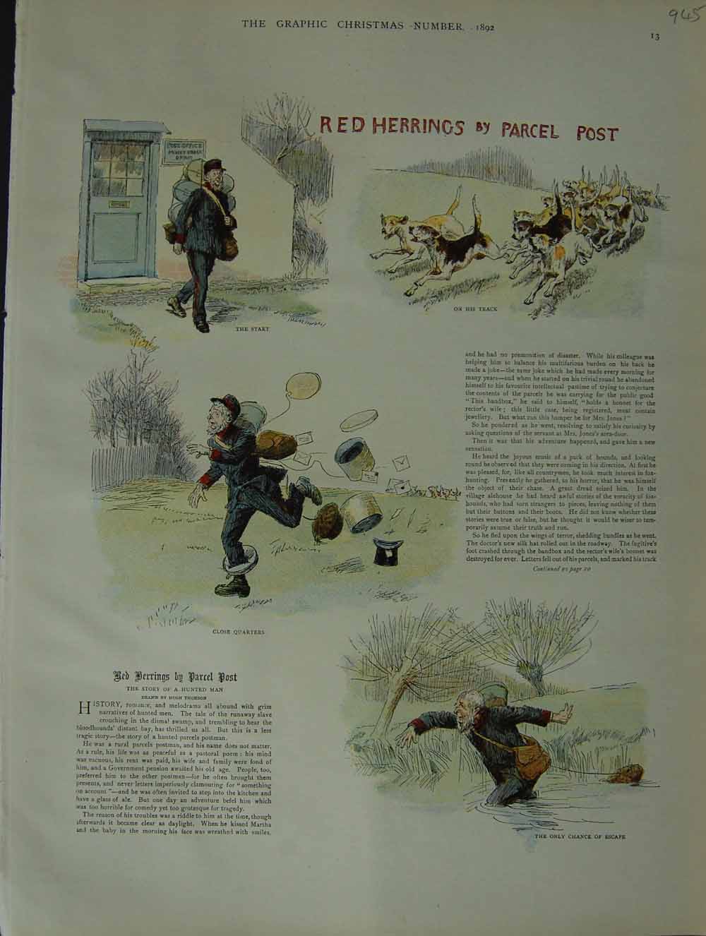 Original Old Antique Print 1892 Story Red Herrings Parcel Post Postman Hounds