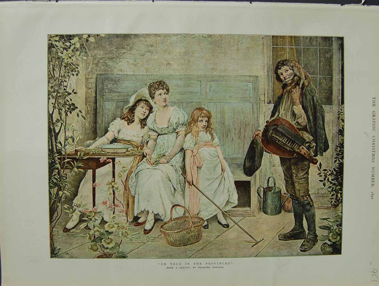 Original Old Antique Print 1892 Downing Colour France Family Music Man 19th