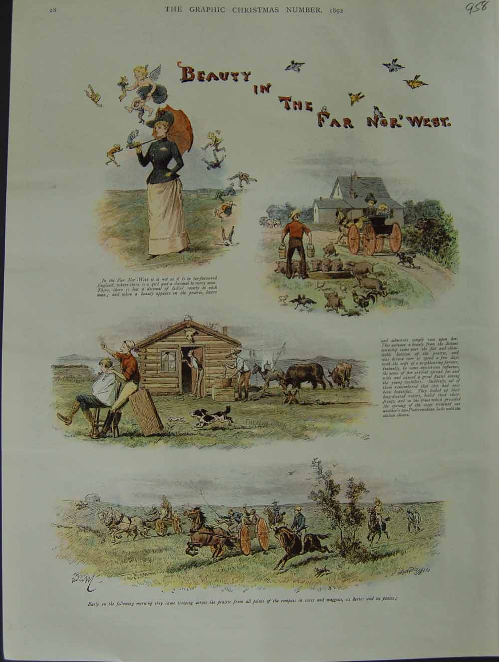 Original Old Antique Print 1892 Story Beauty Far Nor' West Horses Farm Colour