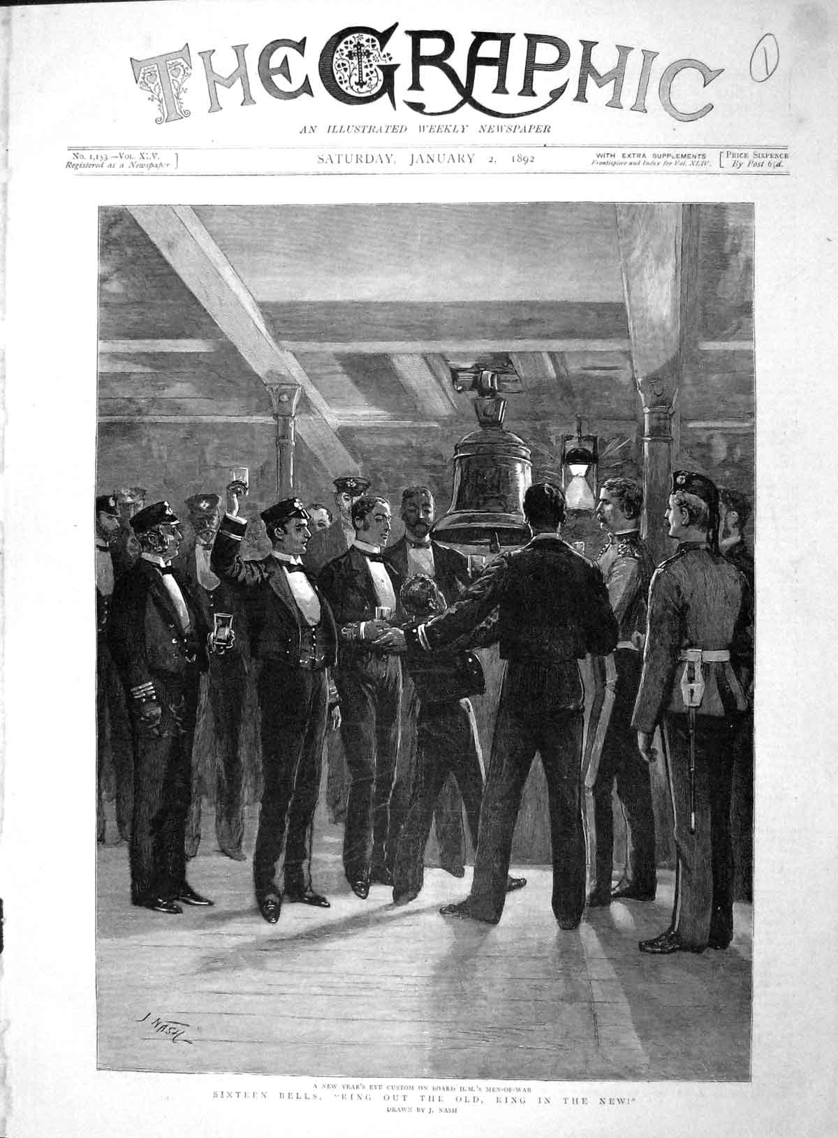 Old Antique Print 1892 New Year'S Eve Ship Men-Of-War Navy Sailors Nash 19th