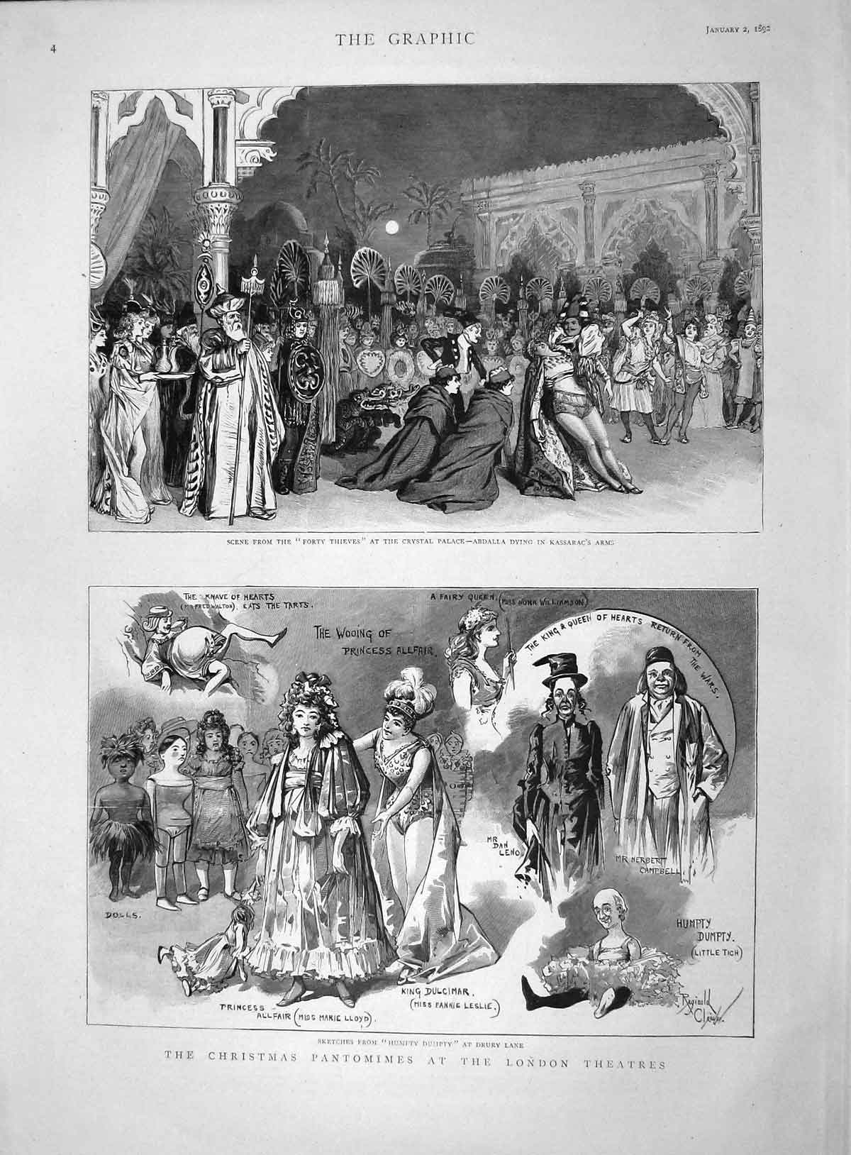 Original Old Antique Print 1892 Christmas Pantomimes Theatre Drury Lane 19th