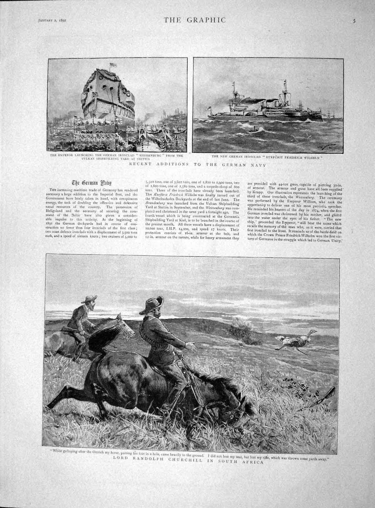 Old Antique Print 1892 Lord Randolph Churchill Africa German Navy Ships 19th