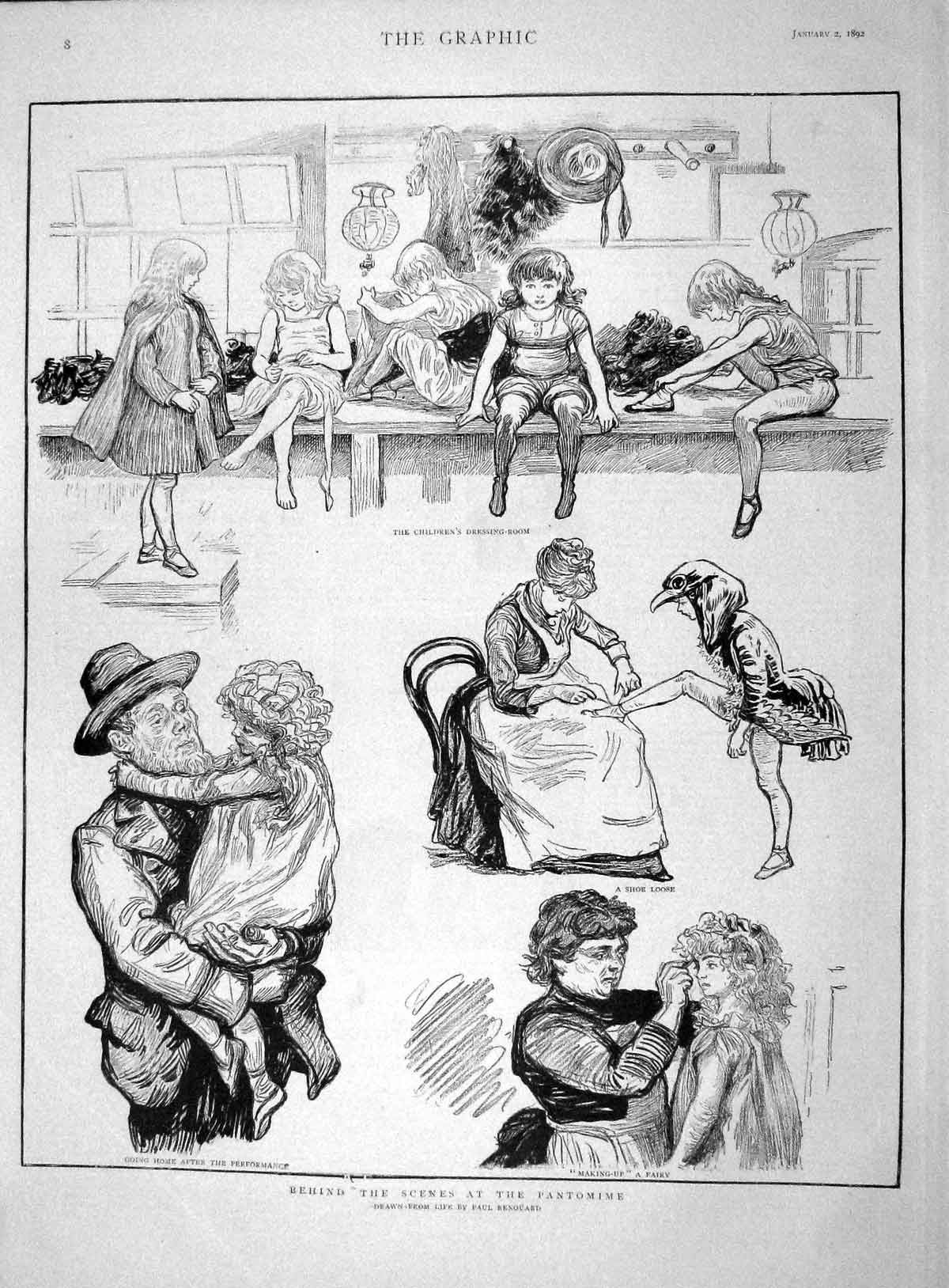 Original Old Antique Print 1892 Behind Scene Pantomime Children Dressing Room