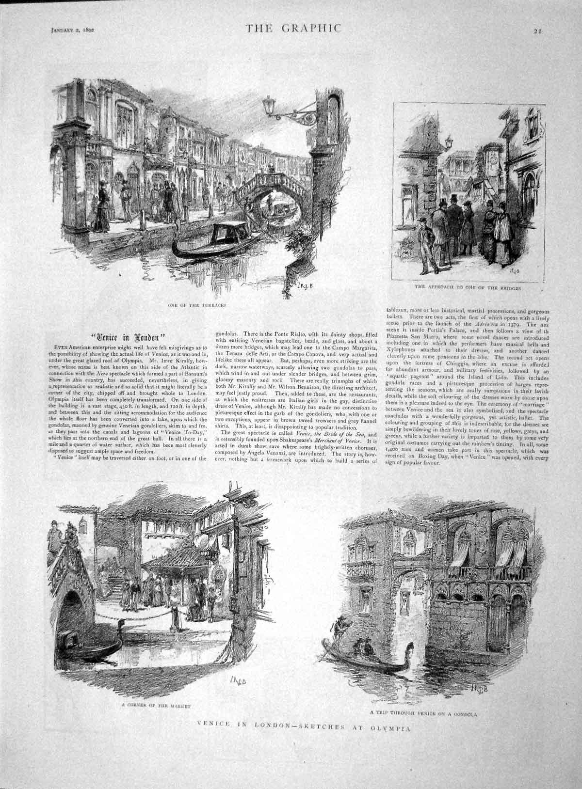 Original Old Antique Print 1892 Venice London Olympia Gondola Canal Terraces