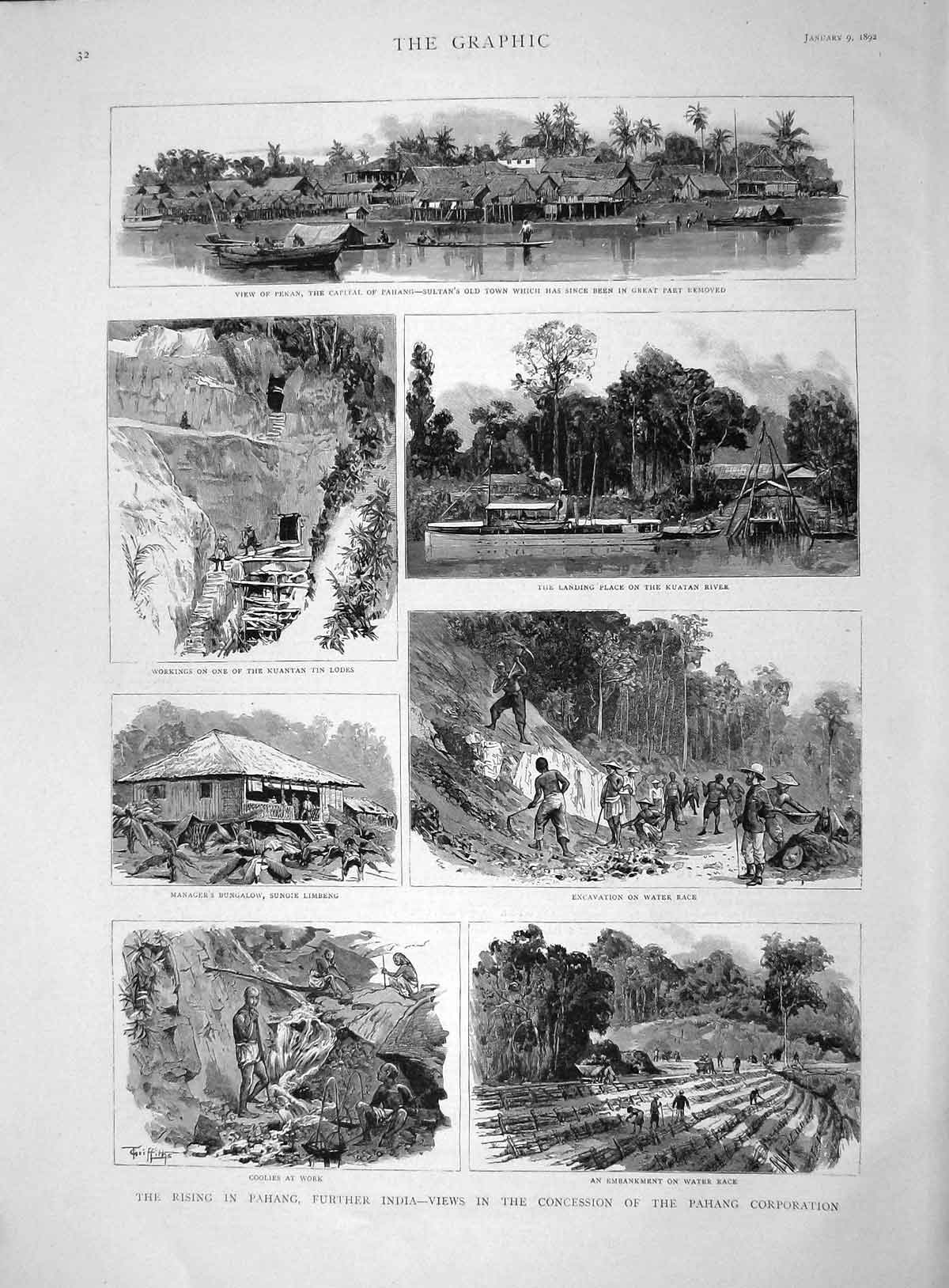 Original Old Antique Print 1892 Pahang India Coolies Kuantan Tin Lode Victorian