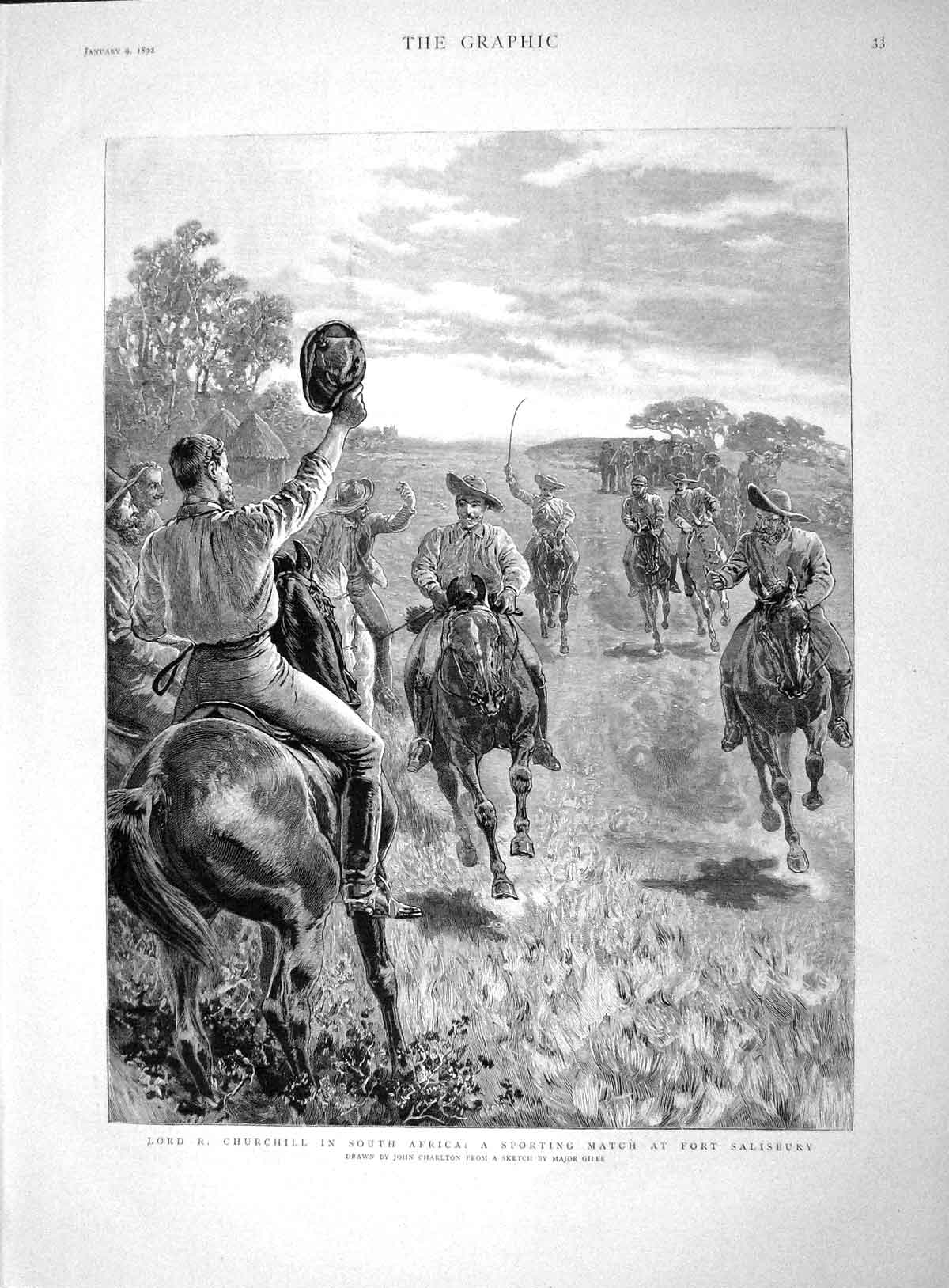 Old Antique Print 1892 Lord Churchill South Africa Fort Salisbury Sport 19th