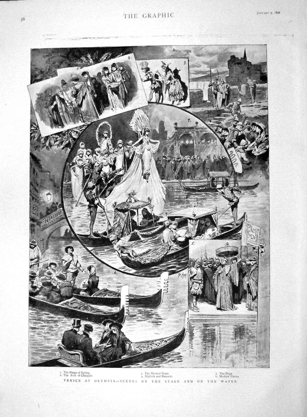 Old Antique Print 1892 Venice Olympia Barge Spring Fort Chioggia Bassanio 19th