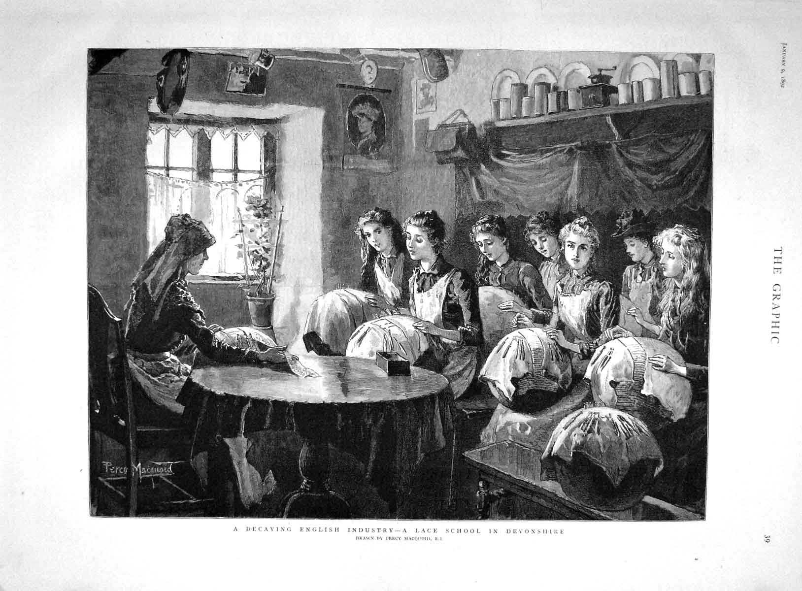 Old Antique Print 1892 Decaying English Industry Lace School Devonshire 19th