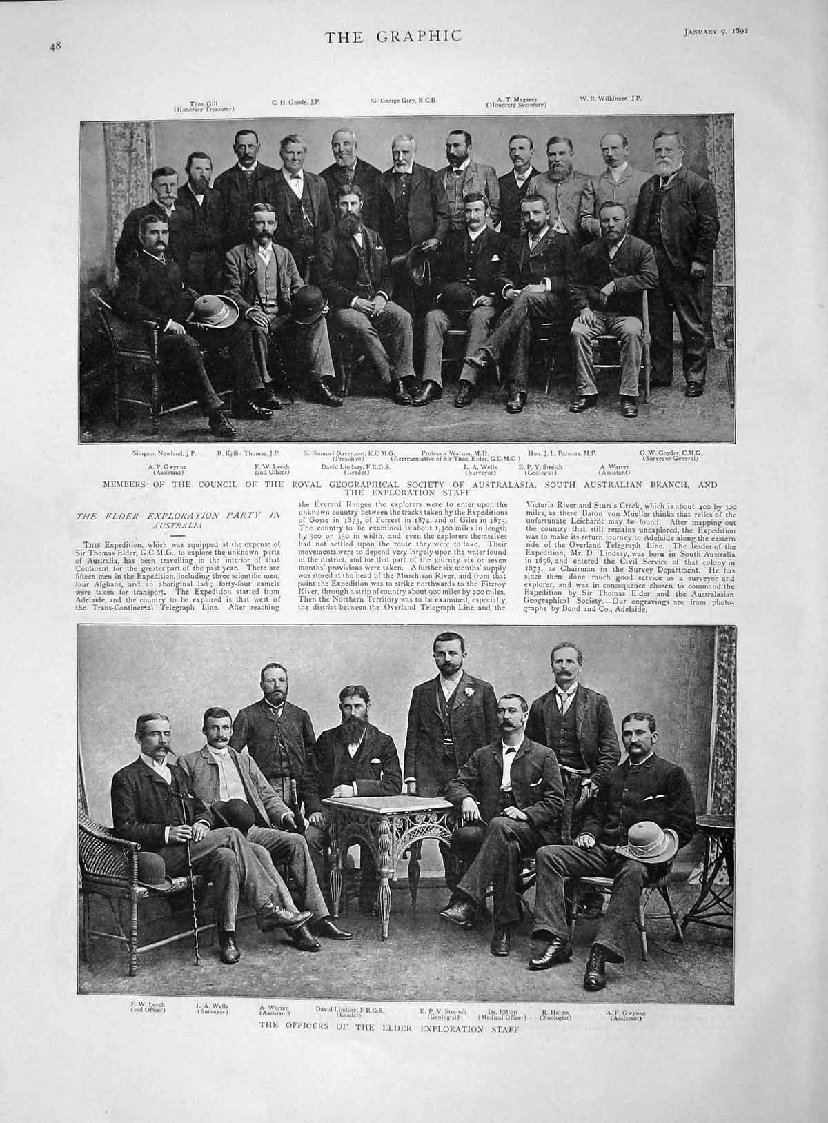Old Antique Print 1892 Elder Lindsay Geographical Davenport Goyder Gwynne 19th