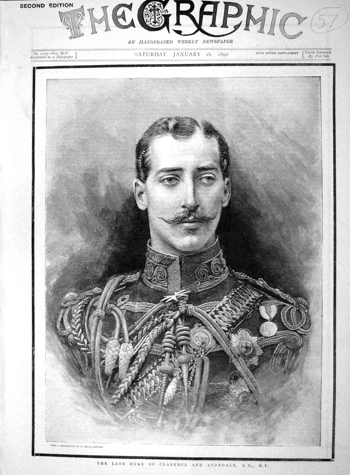 Original Old Antique Print 1892 Portrait Duke Clarence Avondale 19th