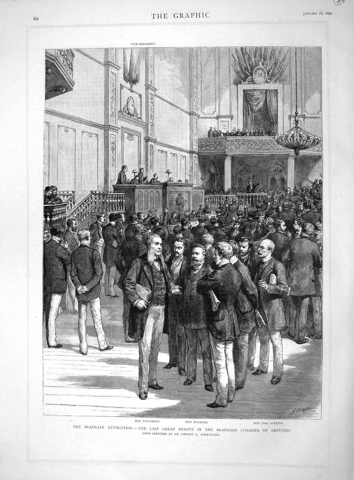 Old Antique Print 1892 Don Figueredo Don Mayrink Jose Avelino Brazilian 19th