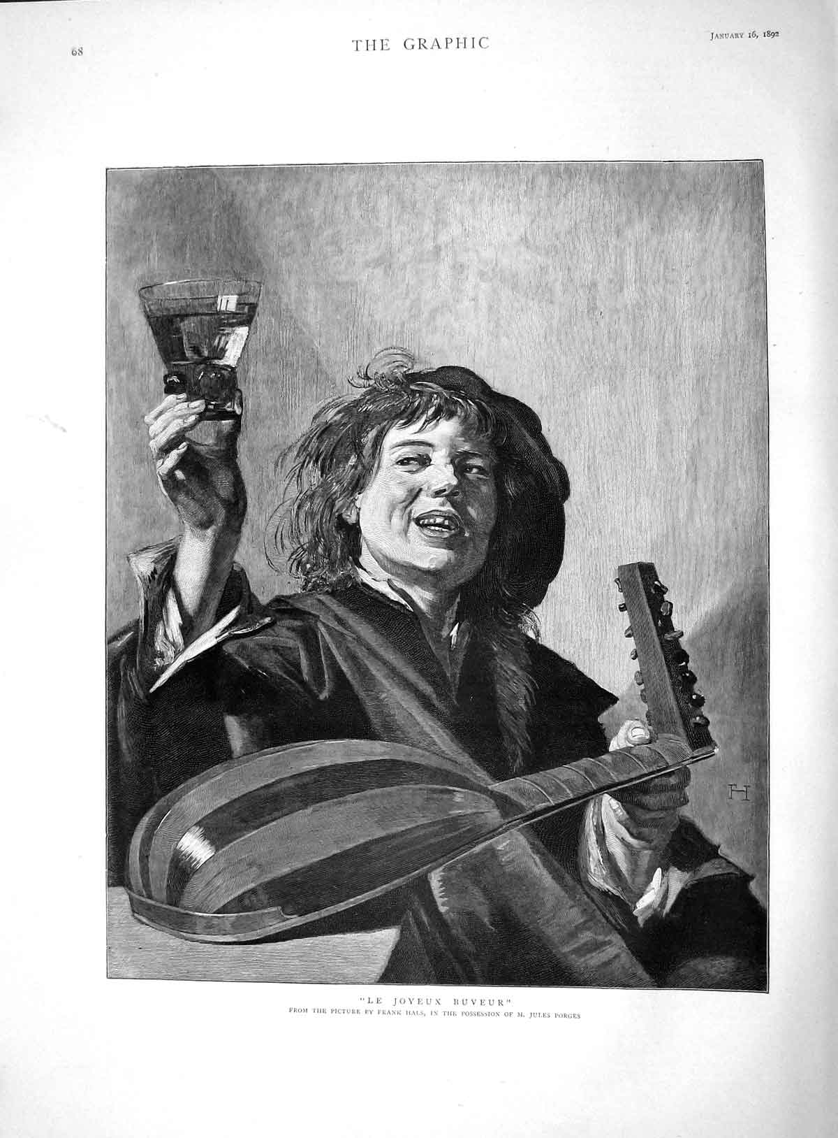 Original Old Antique Print 1892 Fine Art Portrait Le Joyeaux Buveur Frank Hals