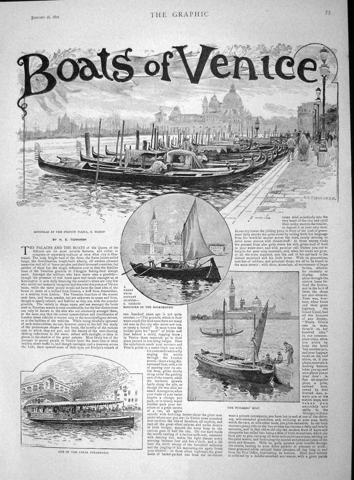 Original Old Antique Print 1892 Boats Venice Builder'S Canal Steamboats G 19th