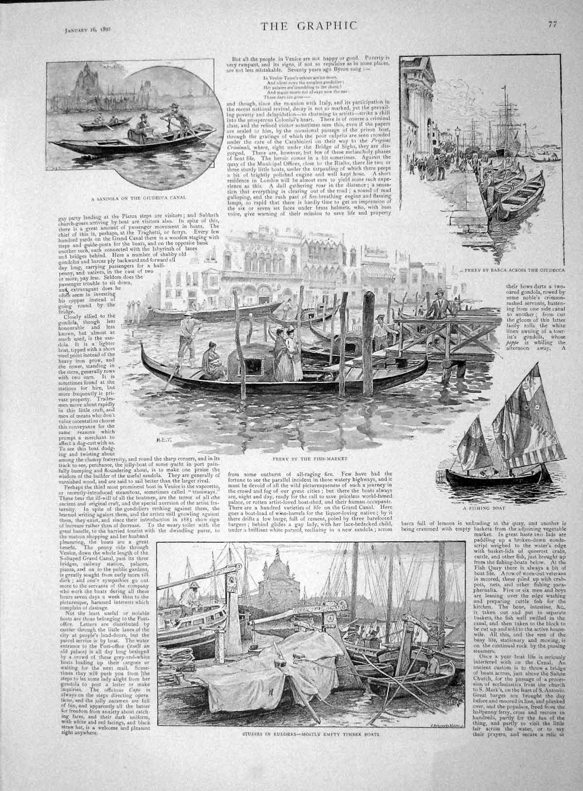 Original Old Antique Print 1892 Ferry Fish Market Timber Boats Giudecca Canal
