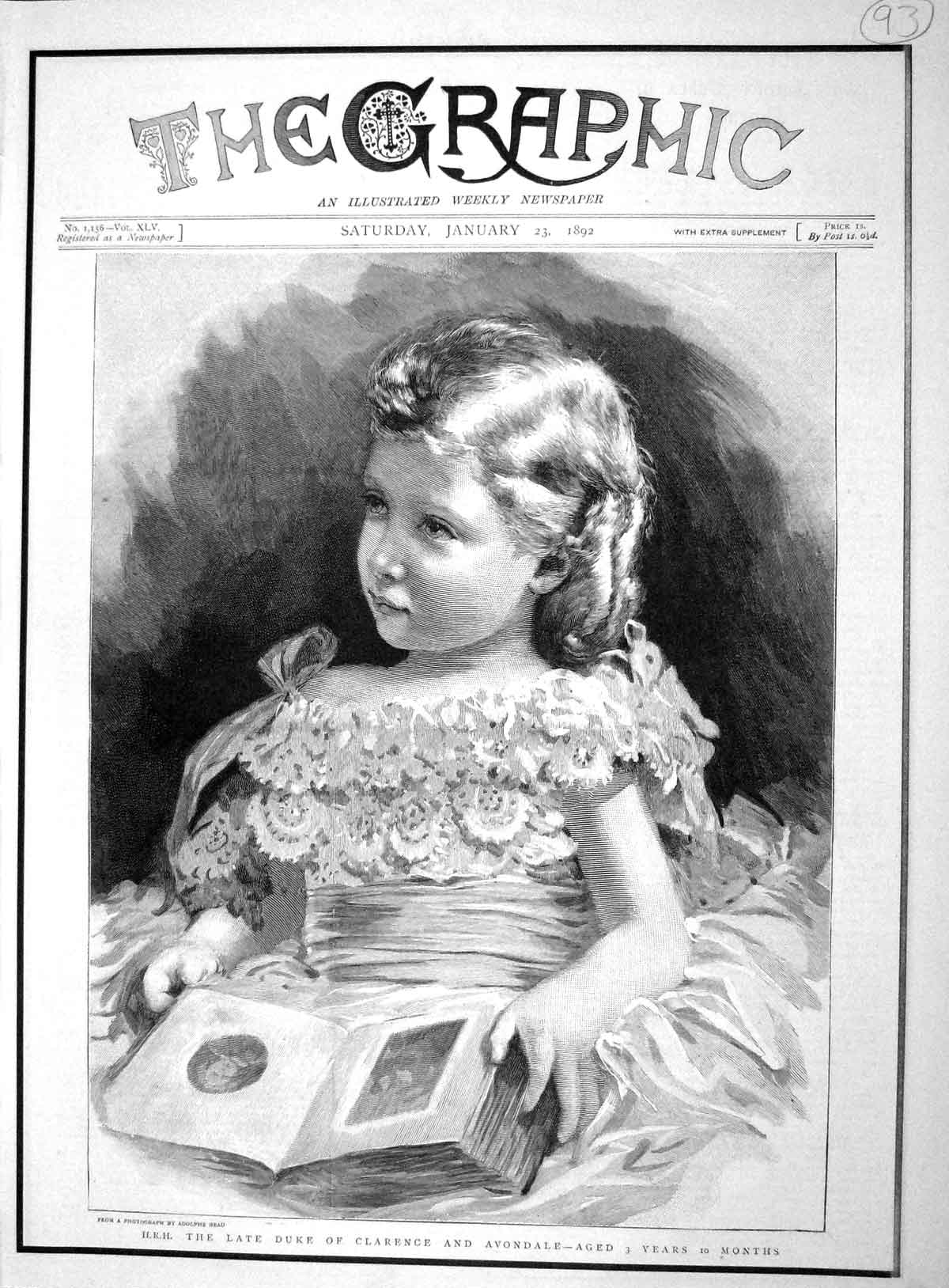 Original Old Antique Print 1892 H.R.H. Duke Clarence Avondale AgedYears 19th