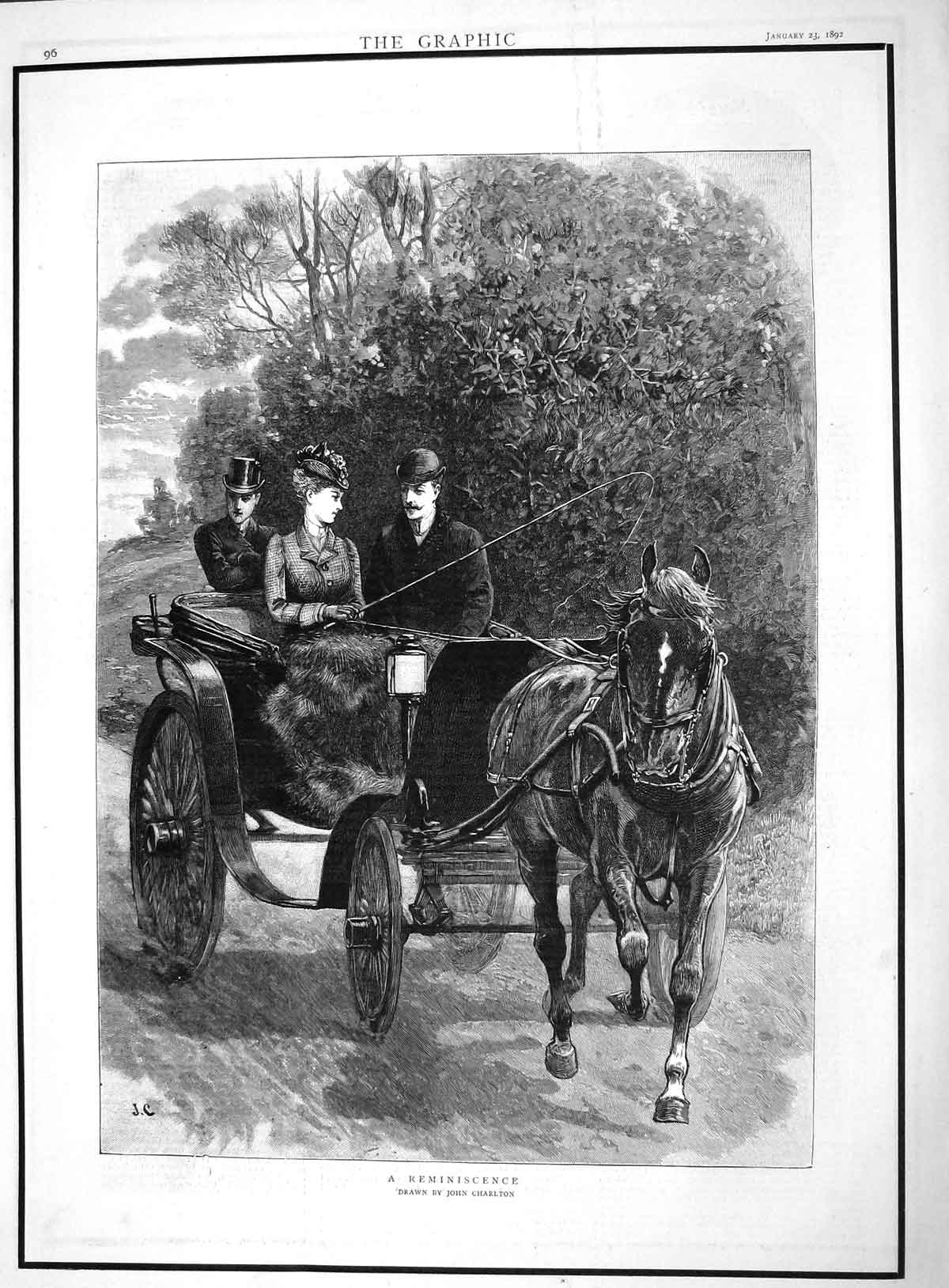 Original Old Antique Print 1892 Man Lady Horse Carriage C 19th Century