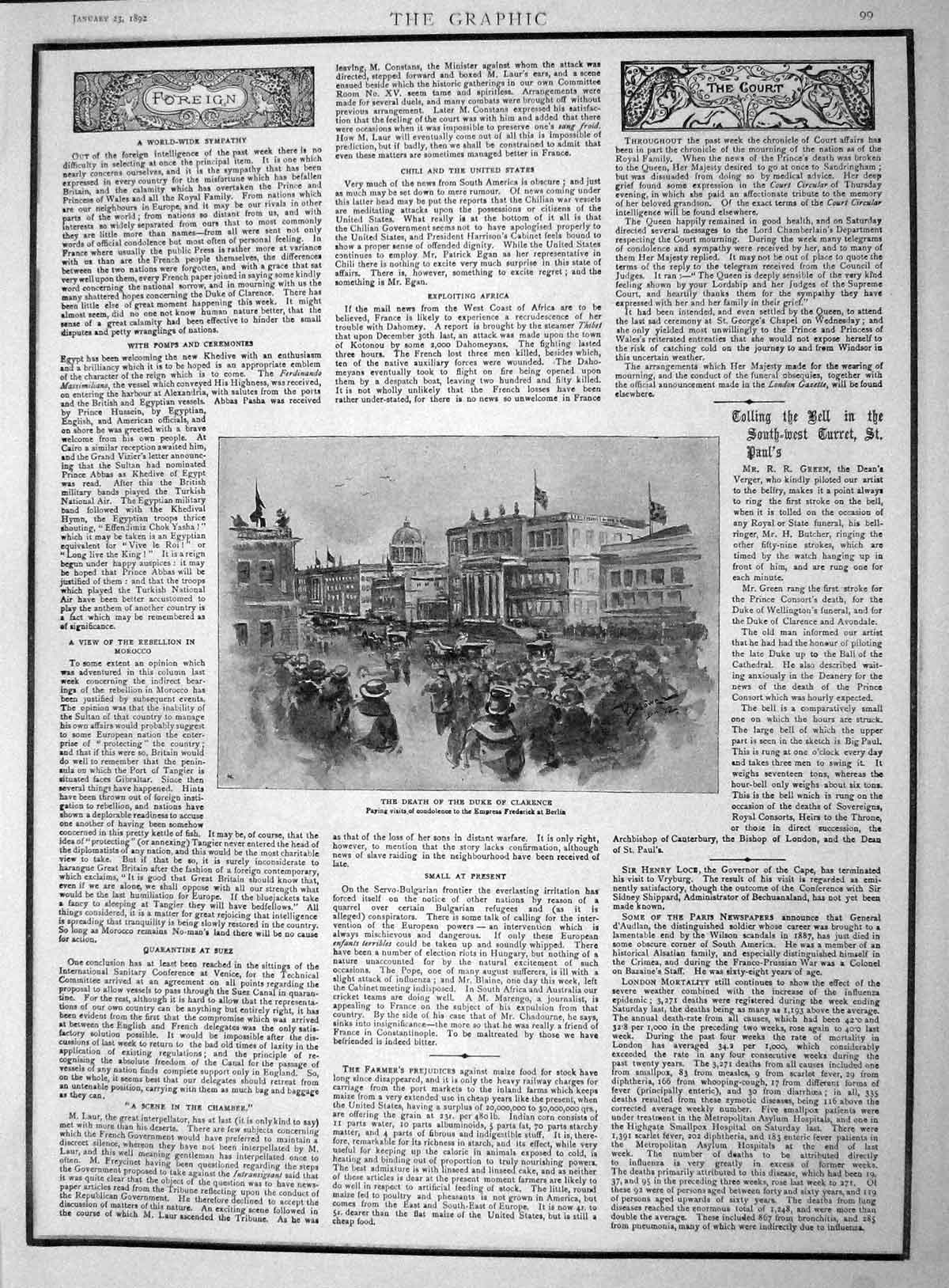 Original Old Antique Print 1892 Death Duke Clarence Empress Frederick Berlin