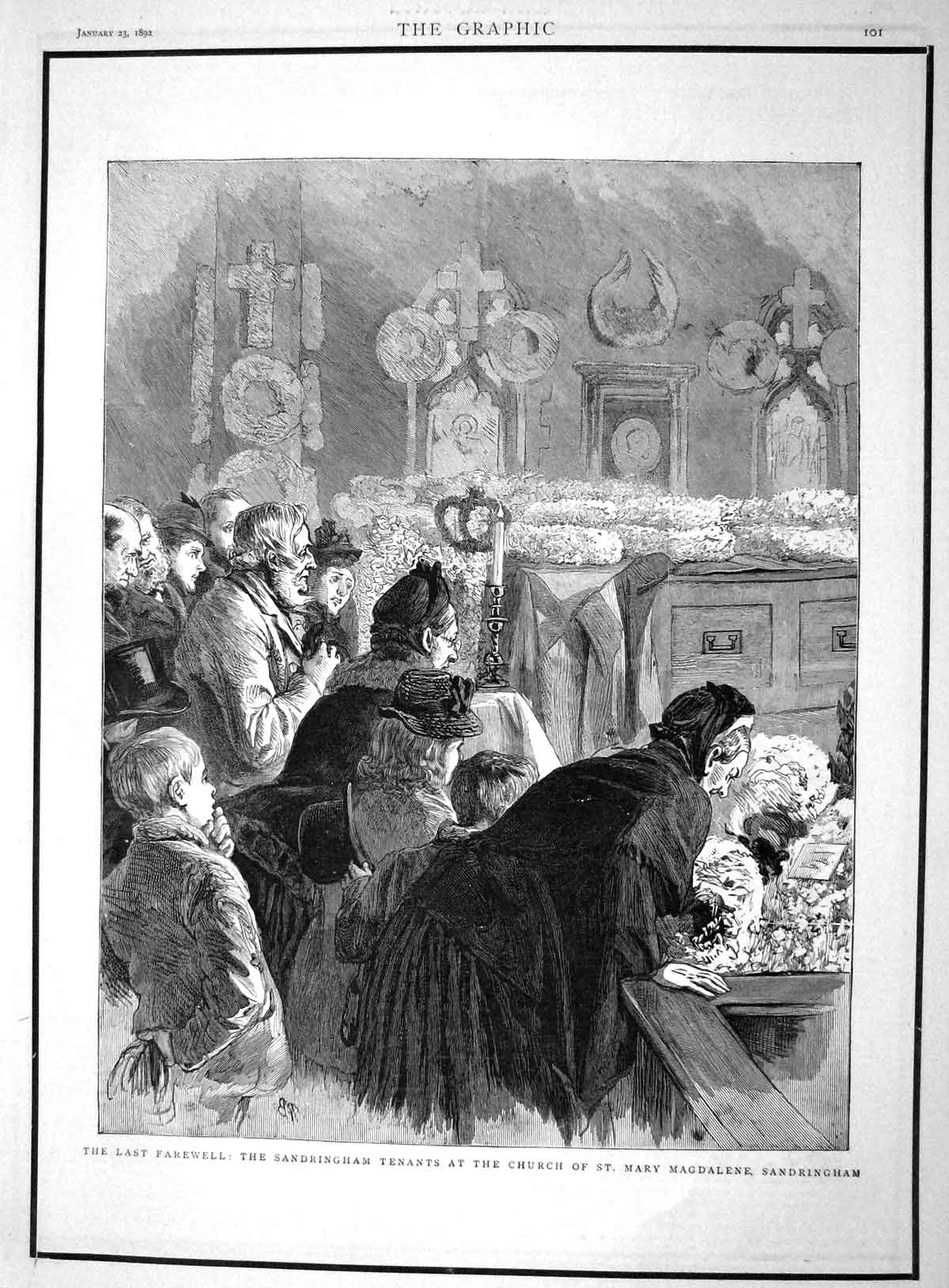 Original Old Antique Print 1892 Sandringham Church Mary Magdalene Funeral 19th
