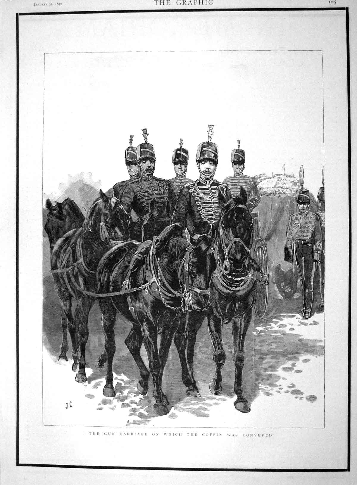 Original Old Antique Print 1892 Gun Carriage Funeral Coffin Duke Clarence Death