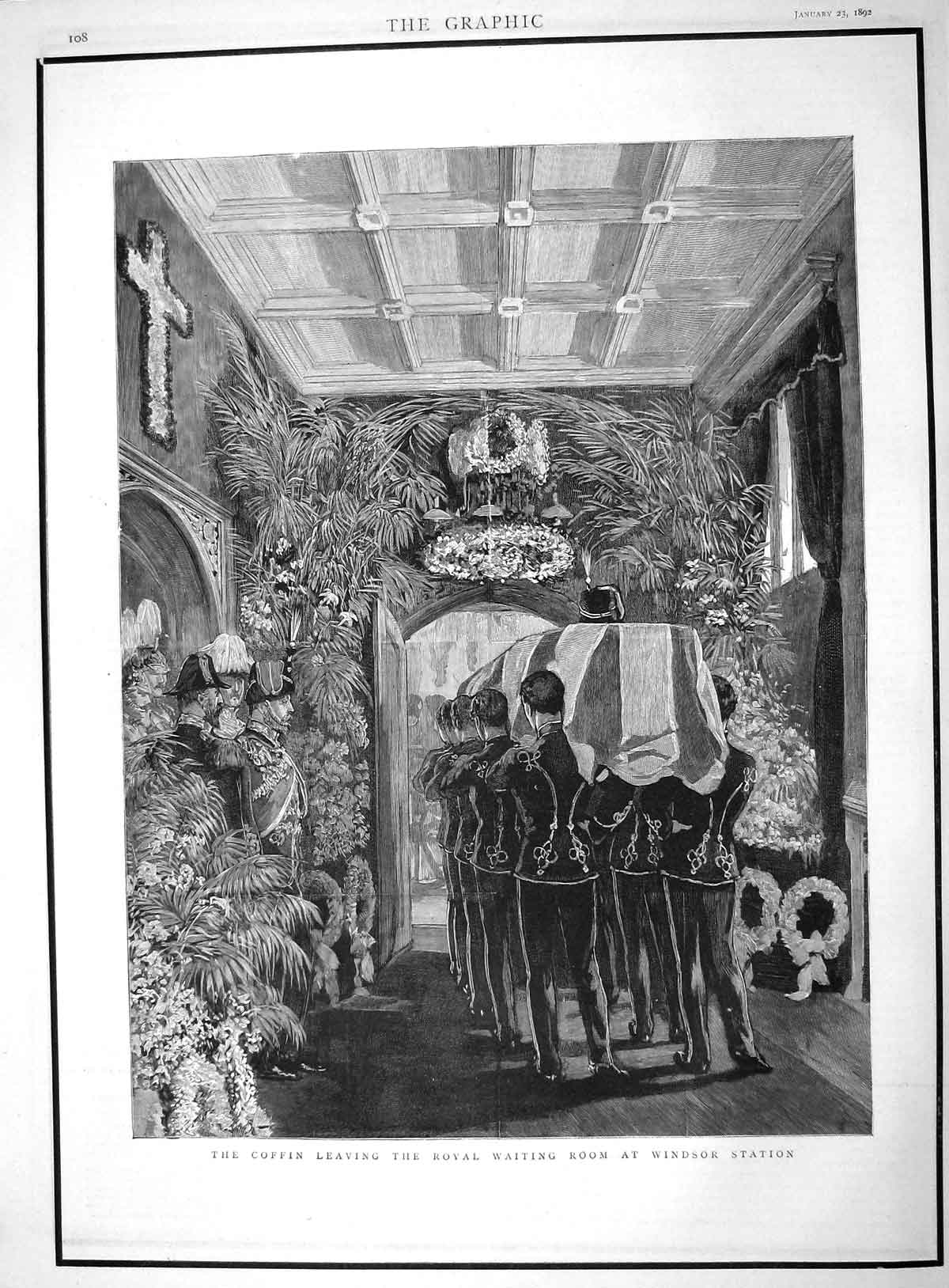 Old Antique Print 1892 Duke Clarence Coffin Waiting Room Windsor Station 19th