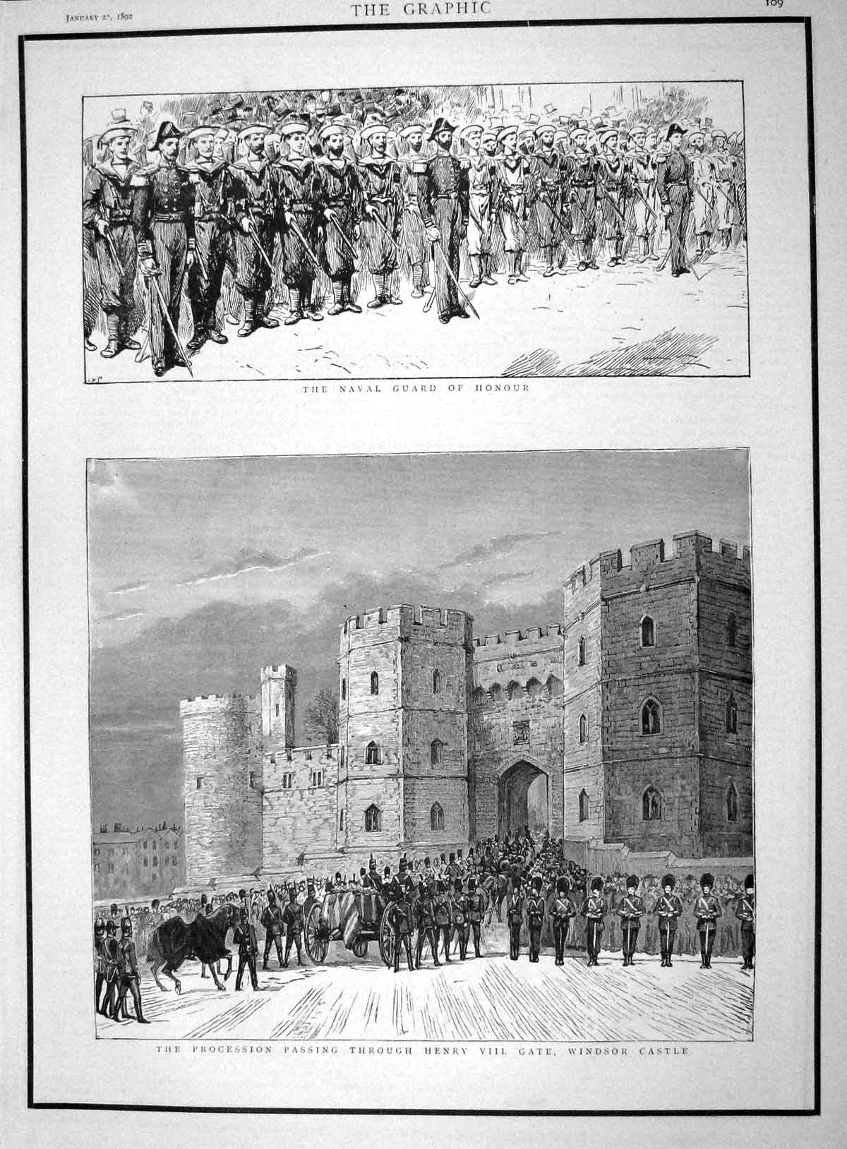 Old Antique Print 1892 Duke Clarence Henry Vii Gate Windsor Castle Navy 19th