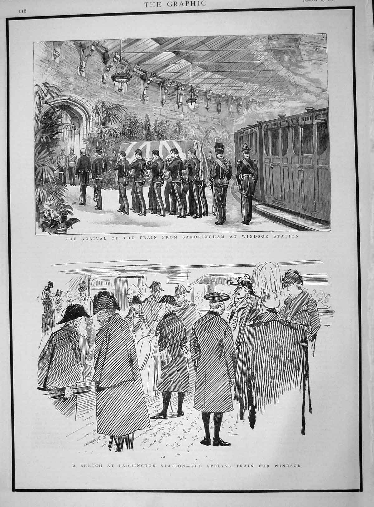 Original Old Antique Print 1892 Train Sandringham Windsor Station Duke Clarence