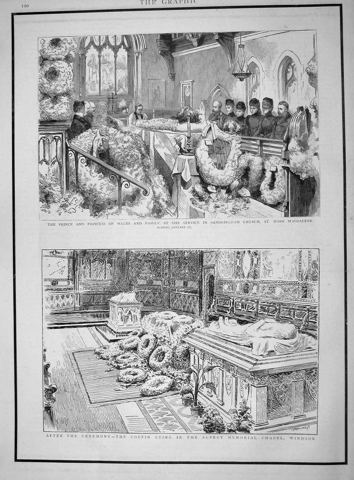 Old Antique Print 1892 Death Duke Clarence Sandringham Church Magdalene 19th