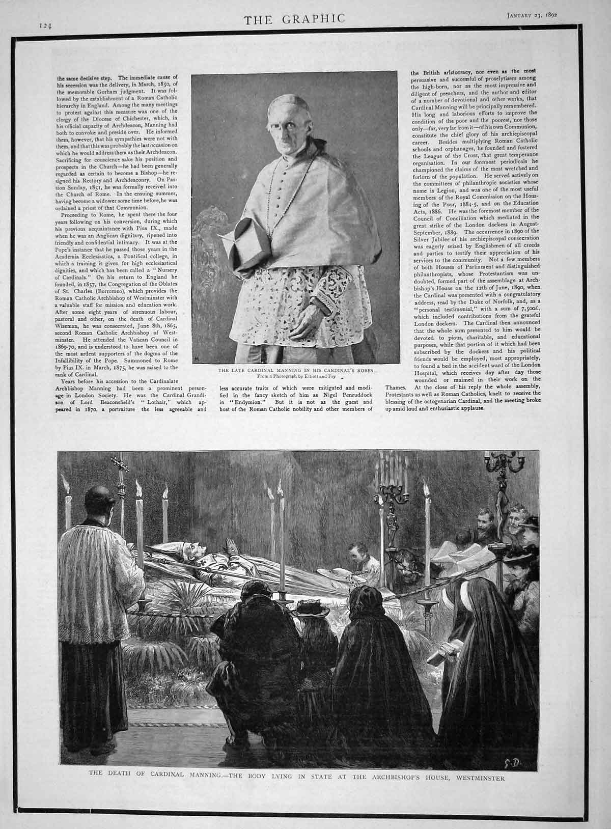 Original Old Antique Print 1892 Cardinal Manning Death Archbishop Westminster
