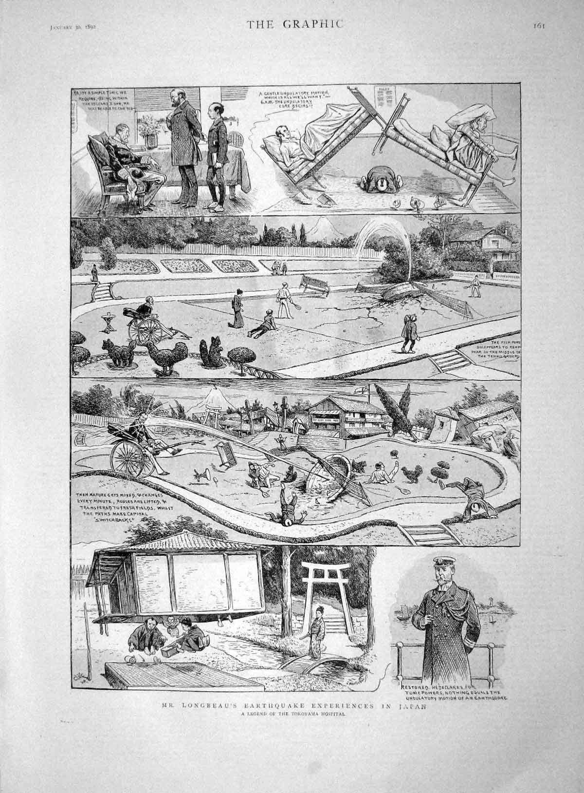 Original Old Antique Print 1892 Longbeau Earthquake Japan Tokoyama H Victorian