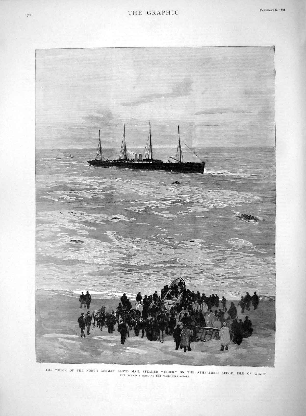 Original Old Antique Print 1892 Ship German Lloyd Mail Steamer Eider Isle Wight