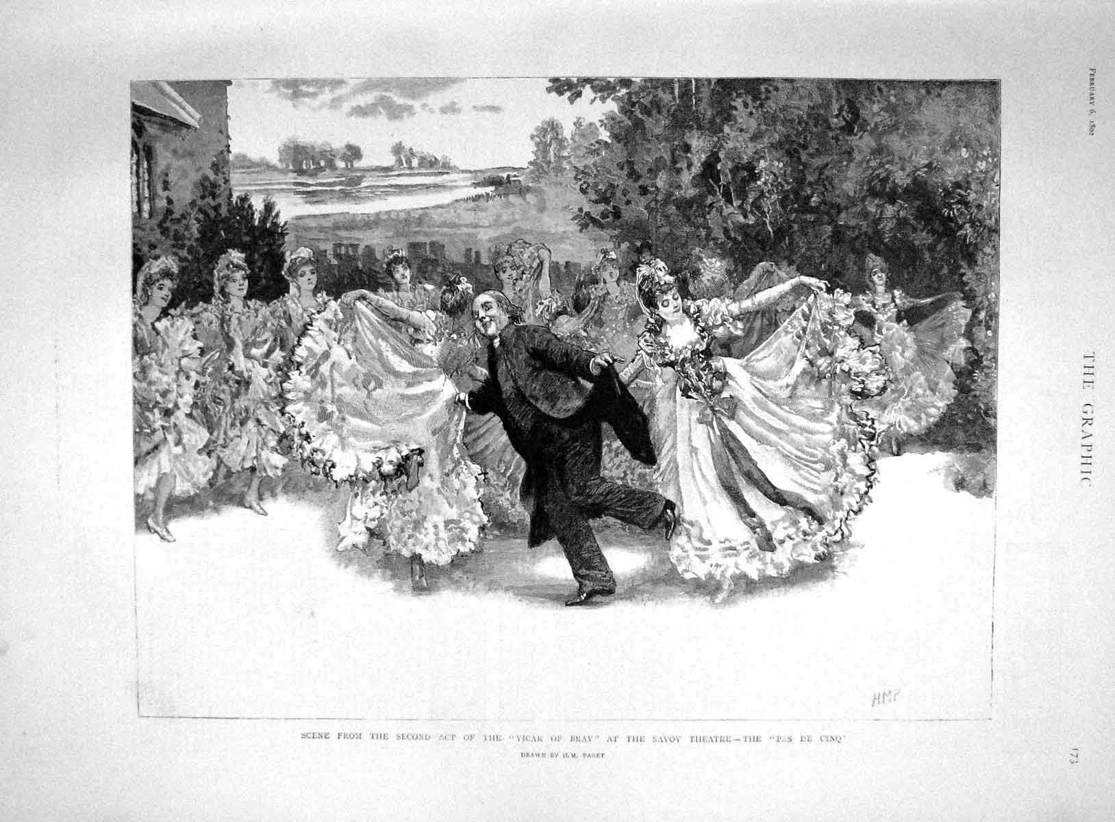 Original Old Antique Print 1892 Vicar Bray Savoy Theatre Pas De Cinq Dancin 19th