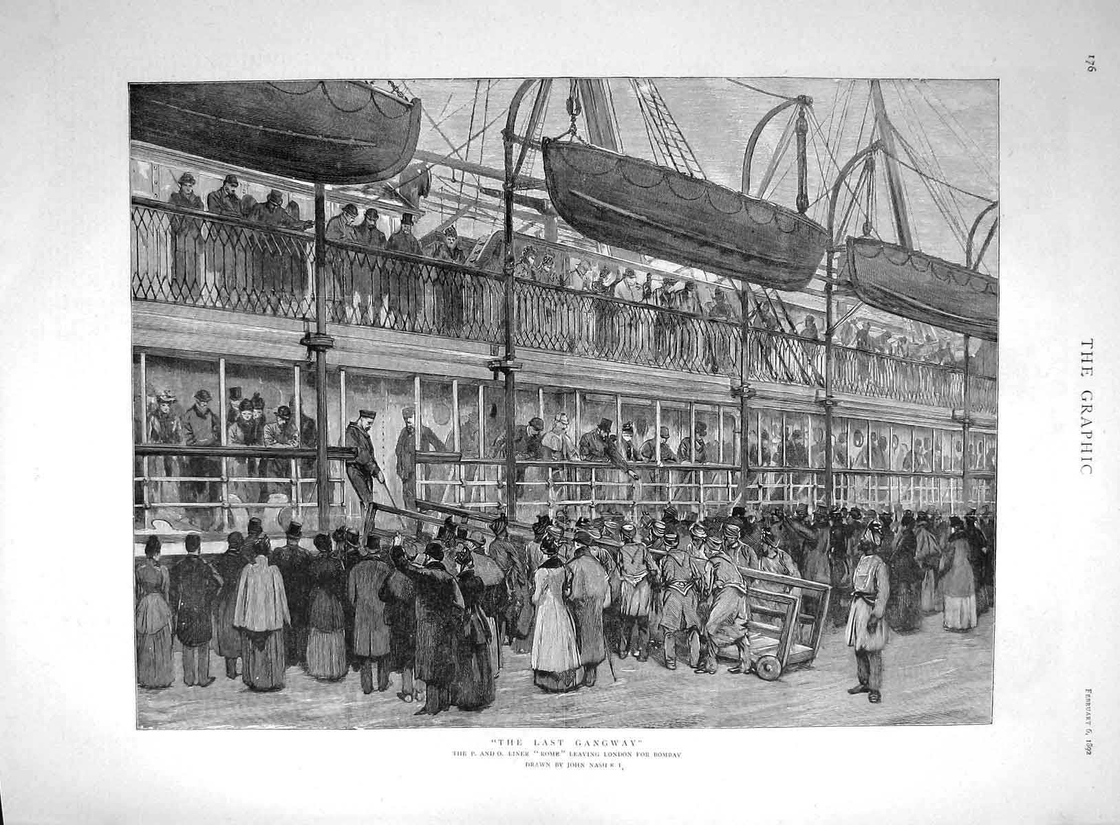 Original Old Antique Print 1892 P An O Liner Rome London Last Gangway John Nash