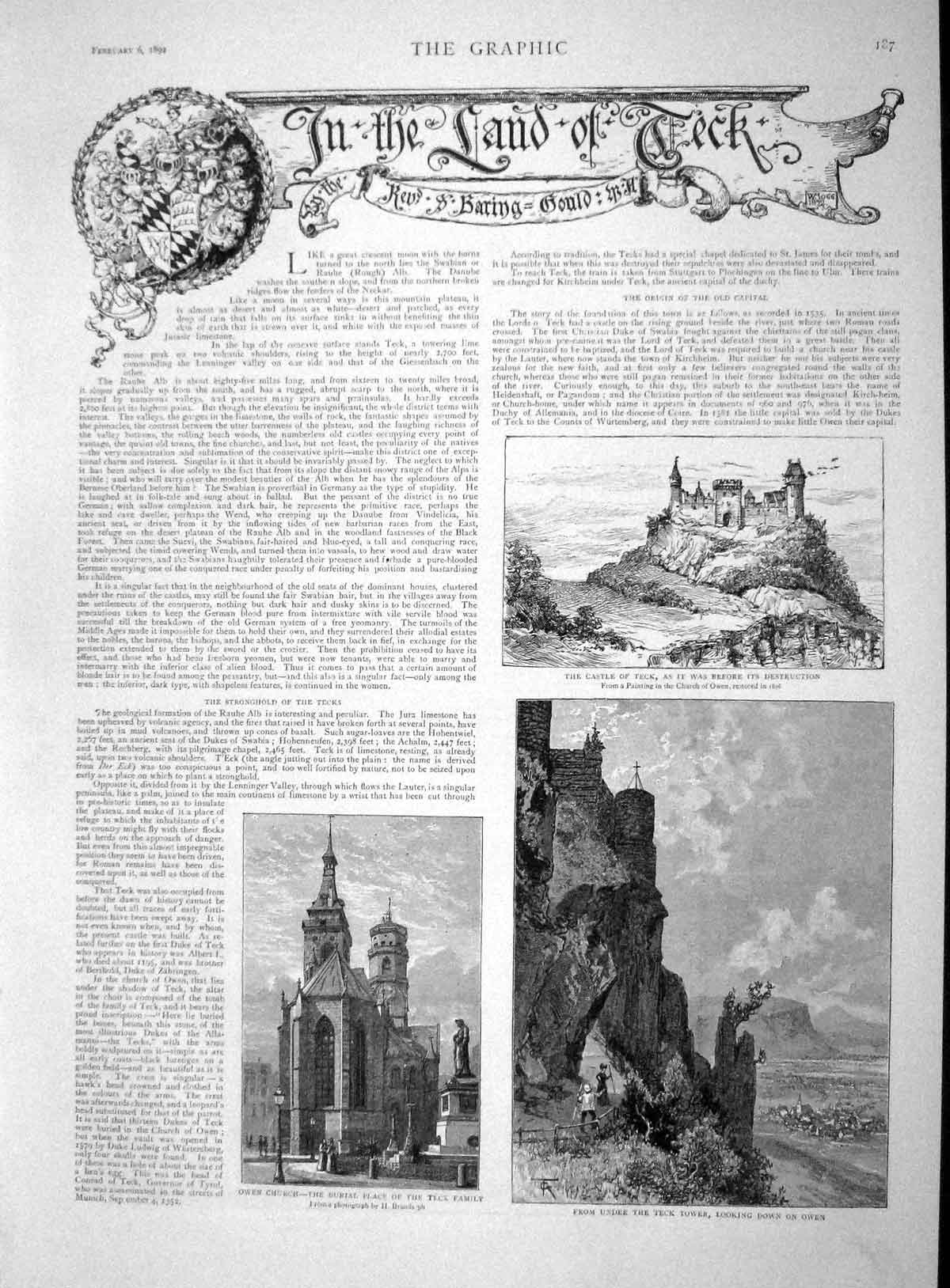 Original Old Antique Print 1892 Castle Teck Owen Church Tower Buria Victorian