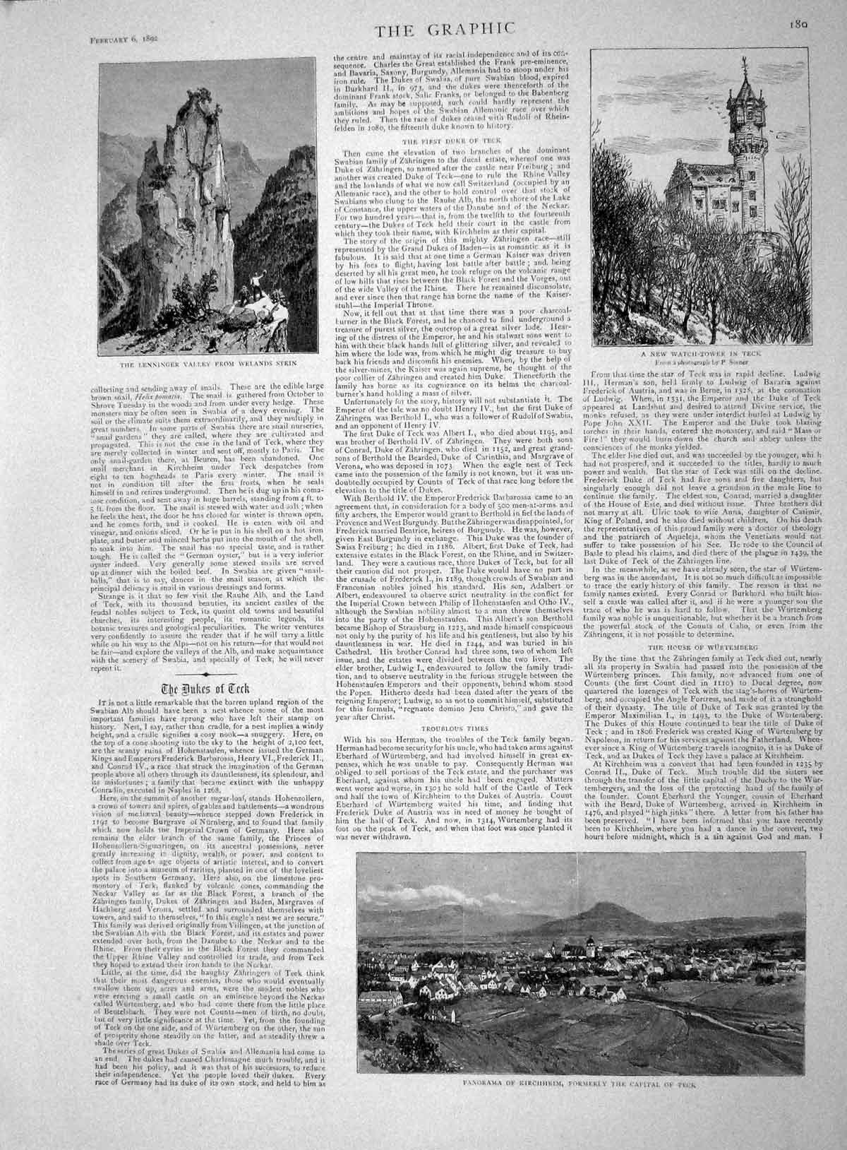 Old Antique Print 1892 Kirchheim Capital Teck Watch Tower Lenninger Stein 19th