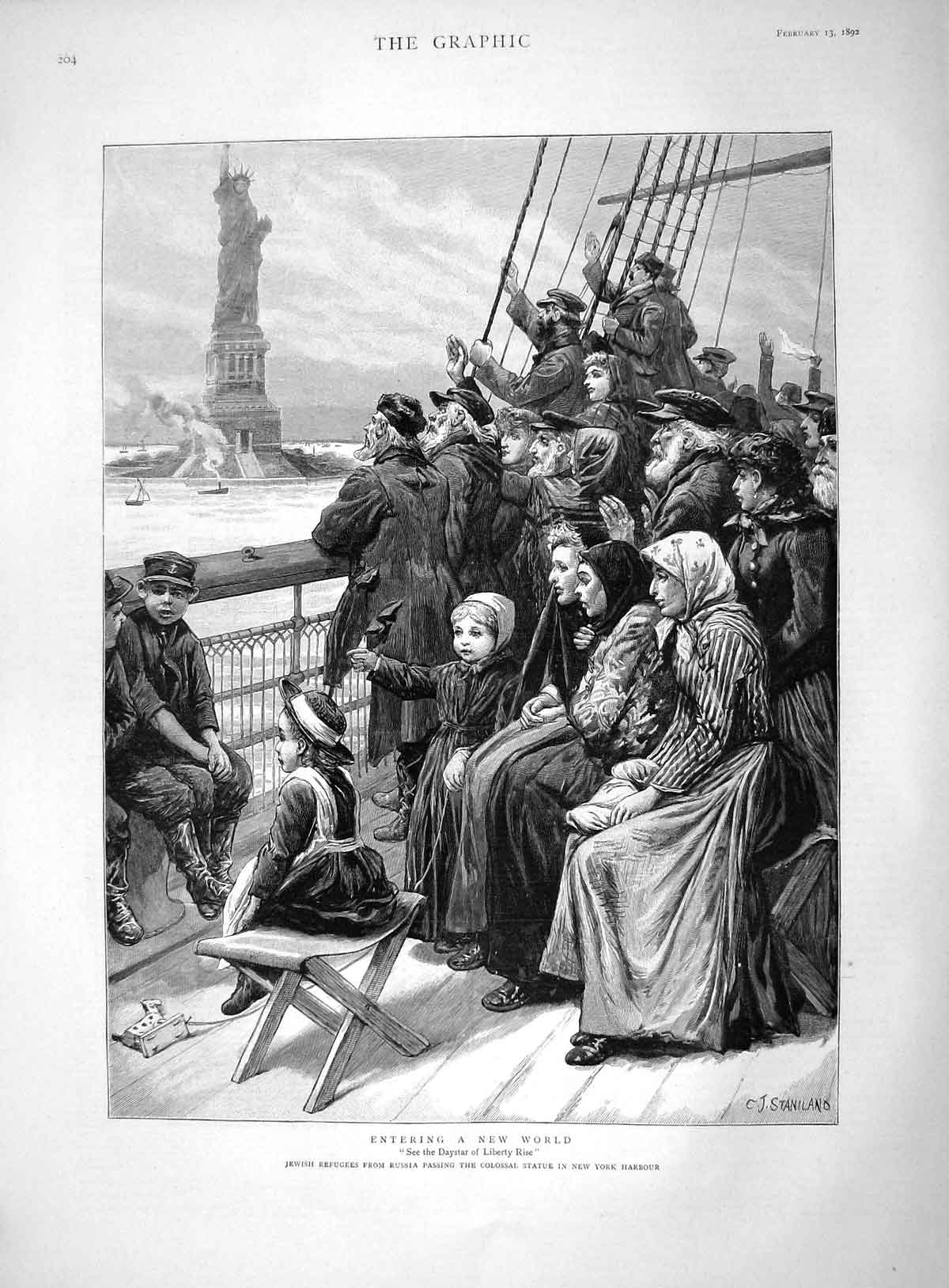 Original Old Antique Print 1892 Jewish Refugees Russia Ship Statue York Harbour