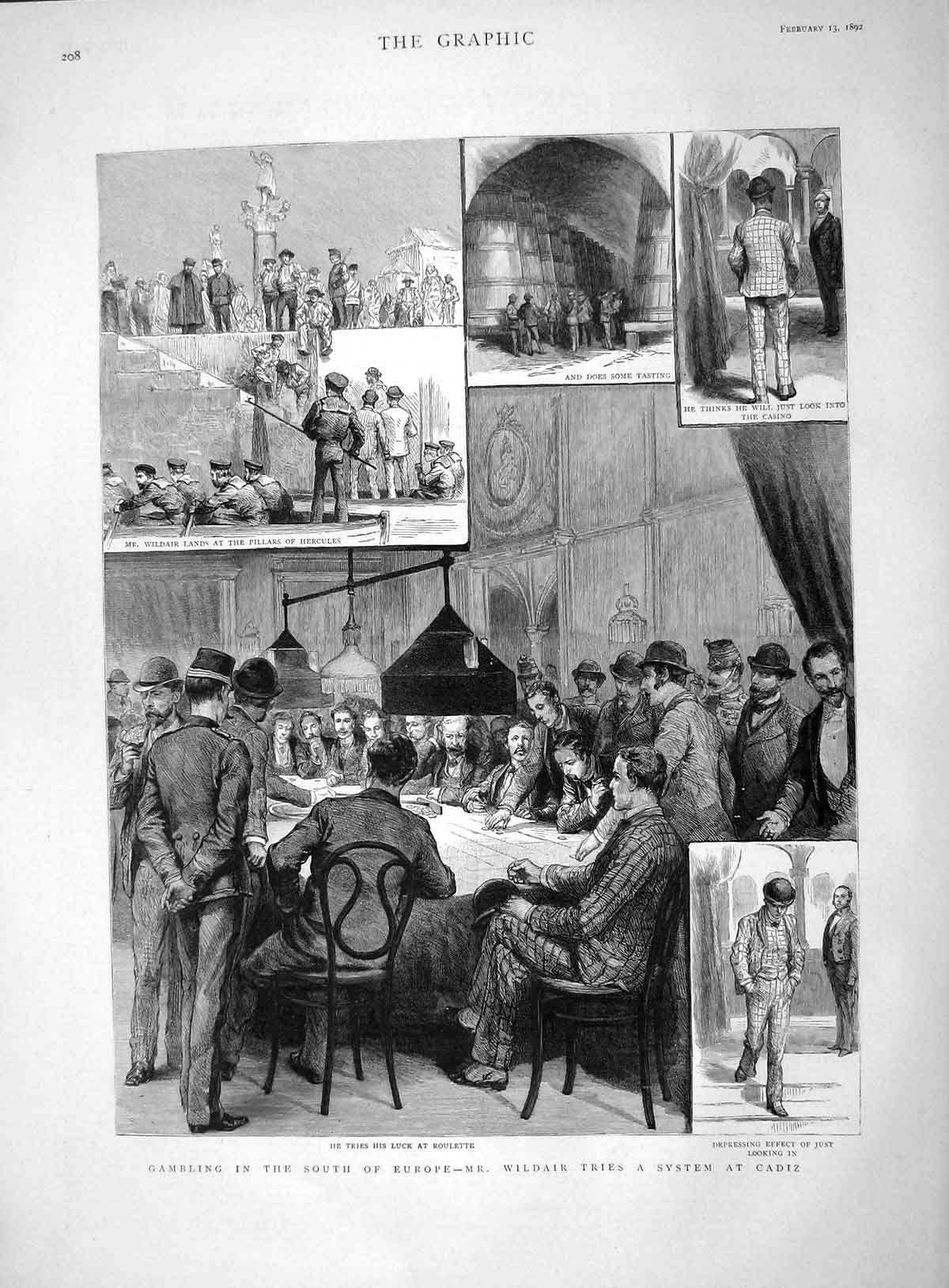 Original Old Antique Print 1892 Gambling Europe Wildair Cadiz Roulette Casino