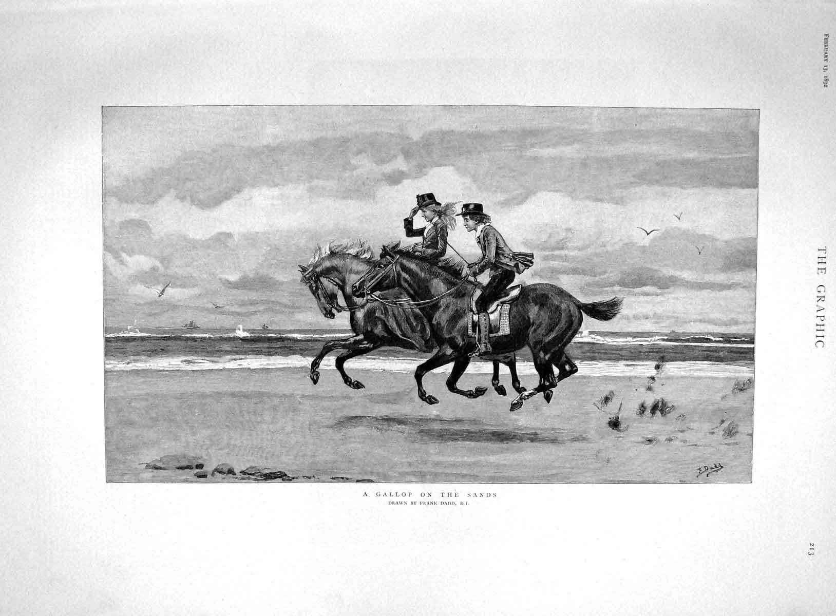 Original Old Antique Print 1892 Horses Gallop Sands Beach Seaside Frank Dadd
