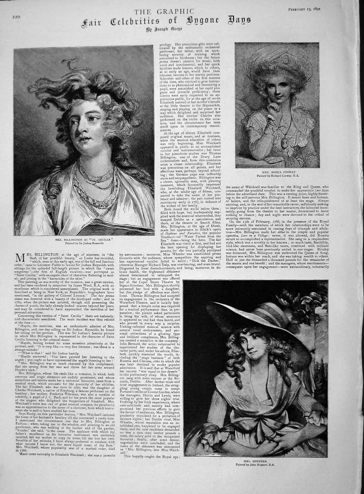 Original Old Antique Print 1892 Billington Maria Cosway Mrs Hoppne Victorian